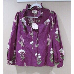 NWT Umgee Boho Button Blouse Women Med Purple Floral Ruffle MSRP 59.00